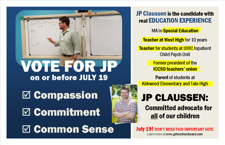 JP Claussen for School Board postcard mailer